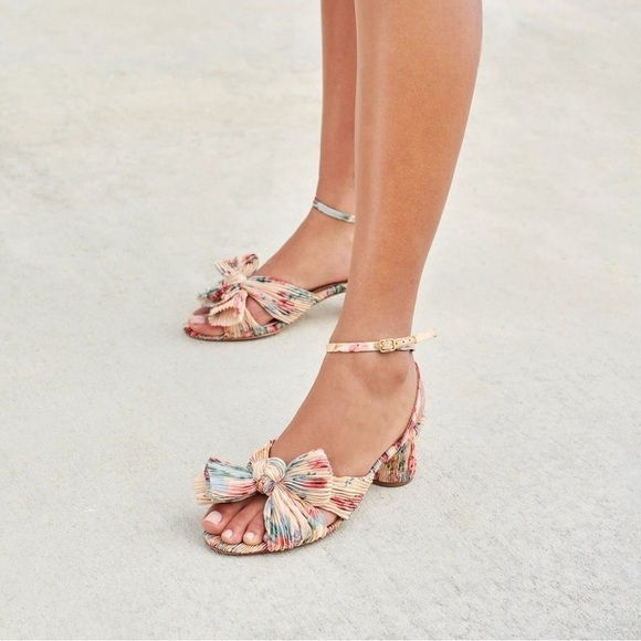Loeffler Randall Dahlia Pleated Bow Heels Ankle Strap Cream Floral 10.5 - Picture 2 of 14